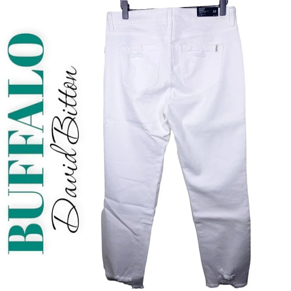 NWT‎ BUFFALO DAVID BITTON Faith White Mid Rise Skinny Jeans Frayed Hem, Size 29